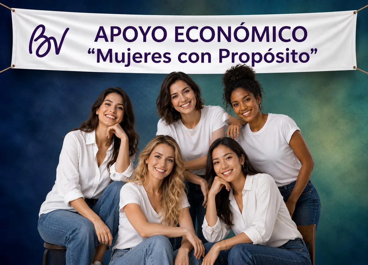 Mujeres de la comunidad sonriendo bajo el cartel de Apoyo Económico de Mujeres con Propósito