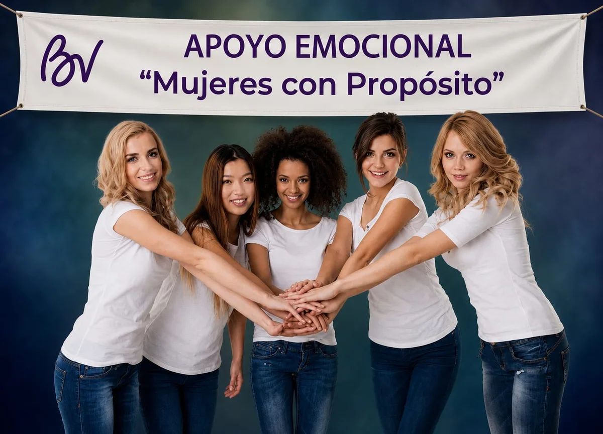 Mujeres de la comunidad unidas bajo el cartel de Apoyo Emocional de Mujeres con Propósito