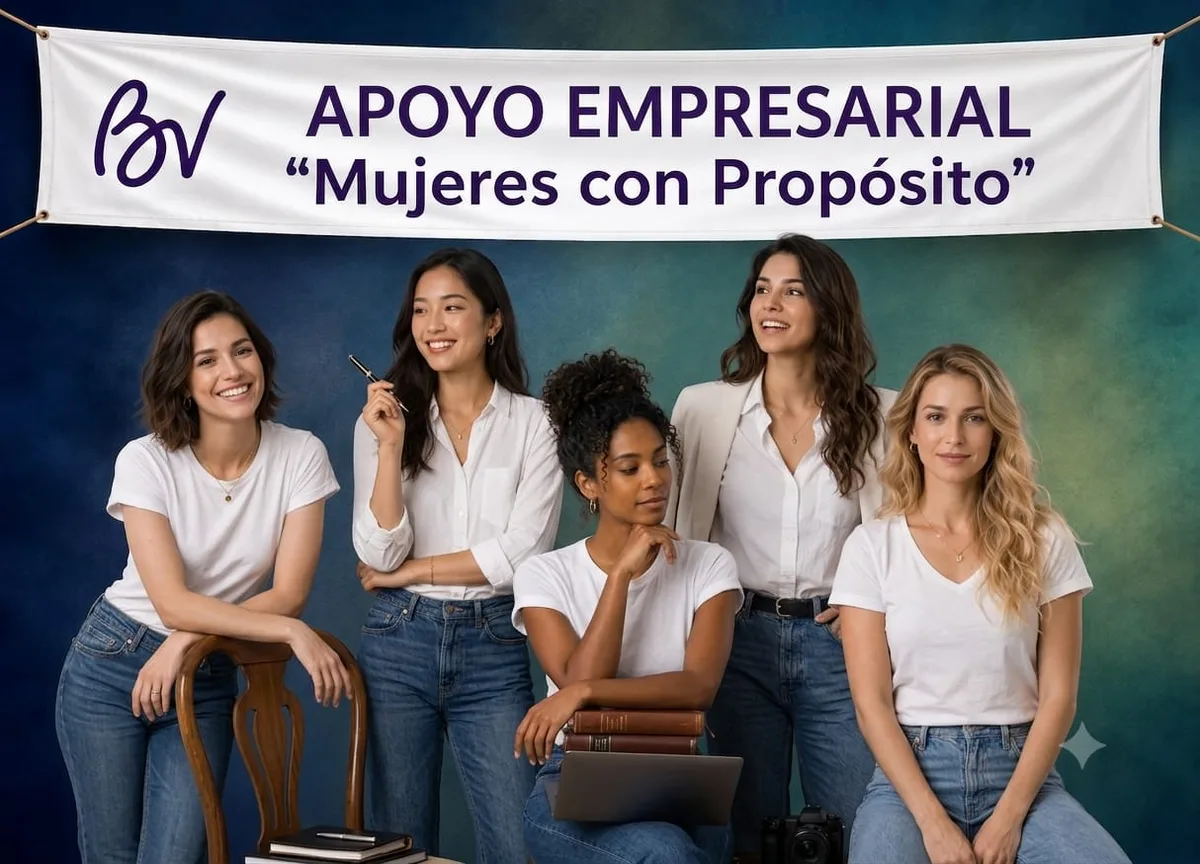 Mujeres emprendedoras con libros y portátil bajo el cartel de Apoyo Empresarial de Mujeres con Propósito